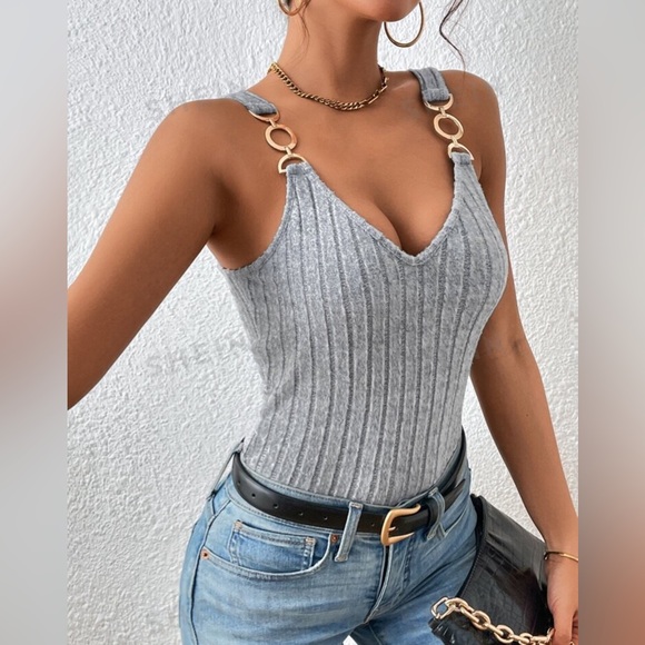 Grey Privé Gold O-ring Detail Ribbed Knit Tank Top Small - Picture 6 of 6